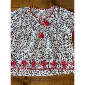 Womens J Jill Black White Red Tassel Embroidered Floral‎ Boho Peasant Top MP